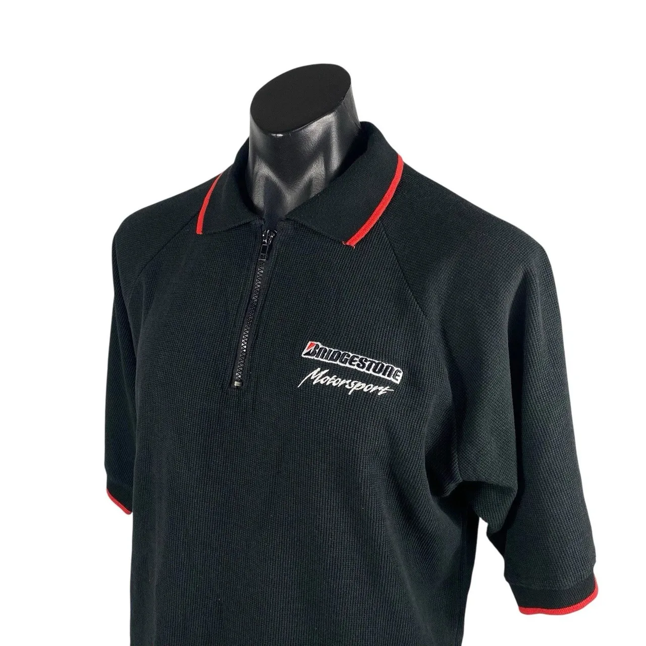 Vintage 90s Bridgestone Motorsport Knit Polo Shirt XL Black Red Trim Quarter Zip — photo 8