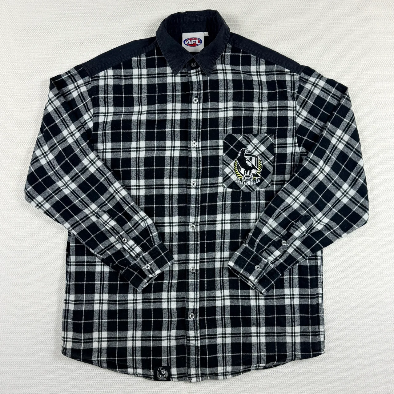 Official AFL Collingwood Magpies Flannel Shirt Mens XL Black White Plaid Long Sl — photo 7
