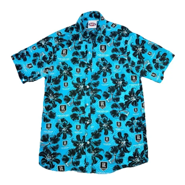 AFL Port Adelaide Power Hawaiian Shirt Mens Large Blue Floral Hibiscus Rayon Sho