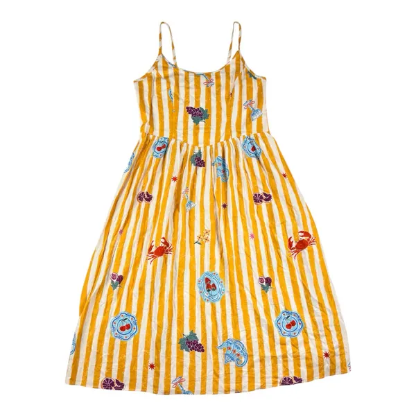 Sportsgirl Picnic Sundress Size 18 NWT Linen Blend Mustard Stripe Fruit Print
