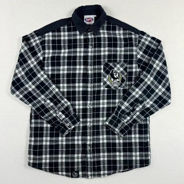 Official AFL Collingwood Magpies Flannel Shirt Mens XL Black White Plaid Long Sl