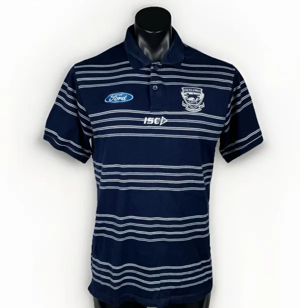Geelong Cats AFL ISC Onfield Polo Shirt Mens Large Navy Striped Ford Sponsor