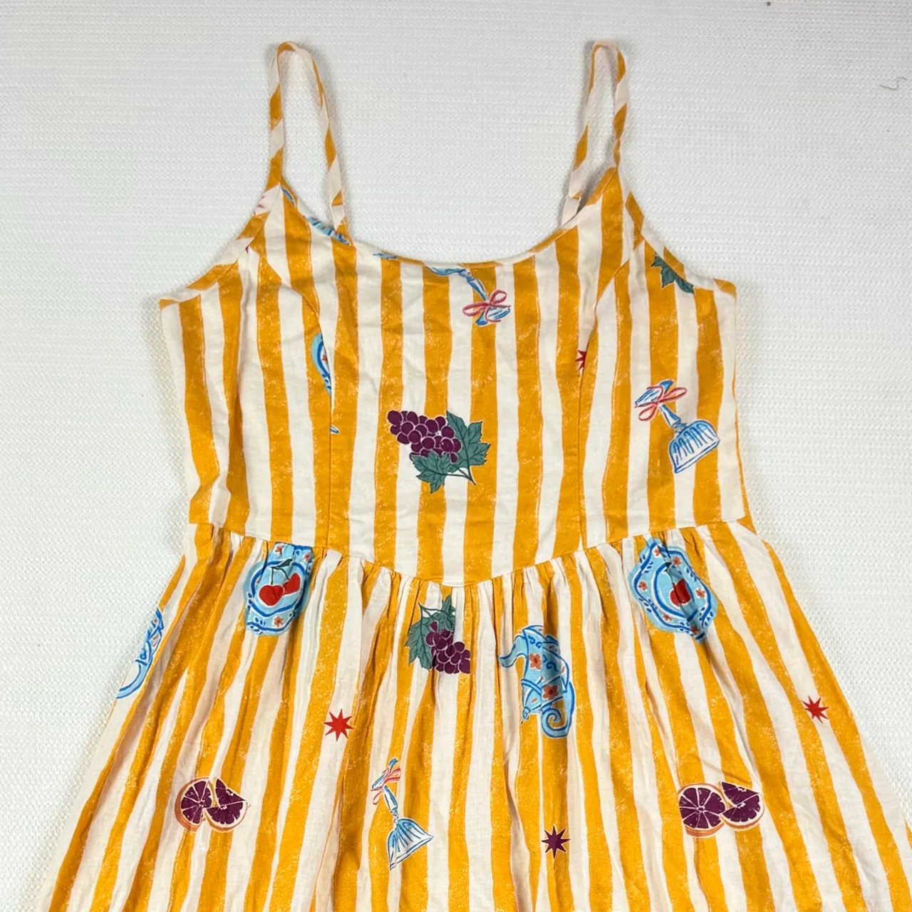 Sportsgirl Picnic Sundress Size 18 NWT Linen Blend Mustard Stripe Fruit Print — photo 4