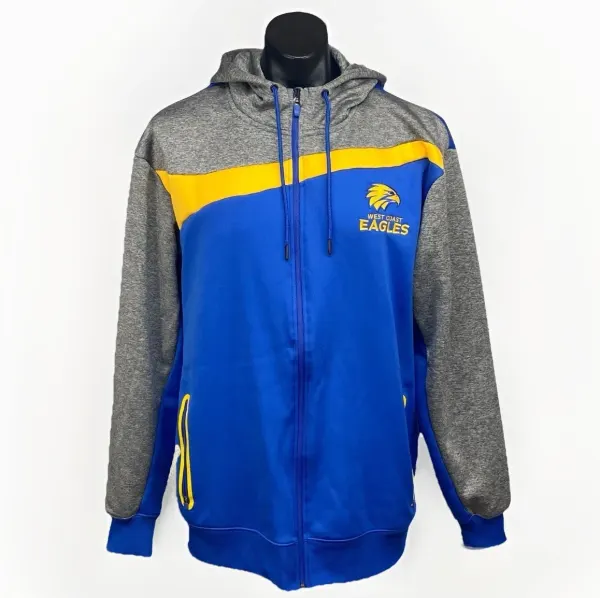 West Coast Eagles AFL Mens Full Zip Hoodie Jumper Size 2XL Royal Blue Grey