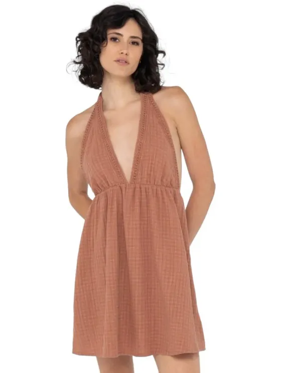 Rusty Womens Sundowner Mini Dress Size 10 Terracotta Halter Neck Sun Dress NWT