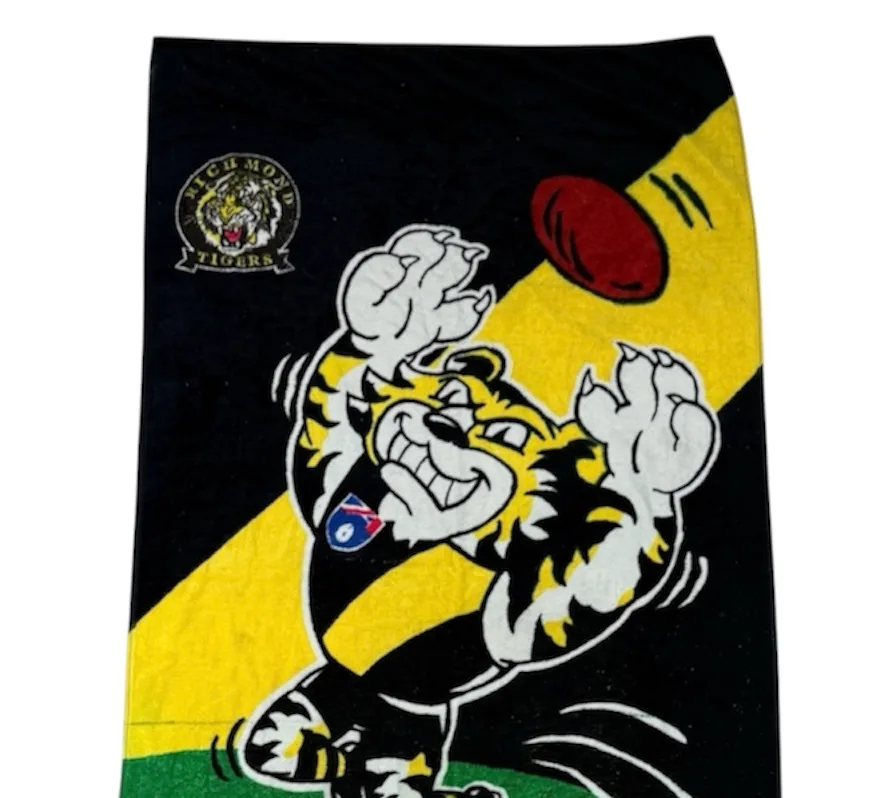 VTG 90's Richmond Tigers AFL Beach Towel Mascot Design Black Yellow Green Cotton — photo 2