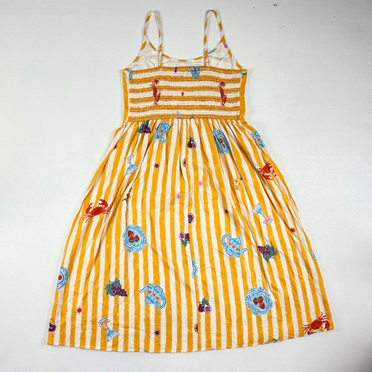 Sportsgirl Picnic Sundress Size 18 NWT Linen Blend Mustard Stripe Fruit Print — photo 2