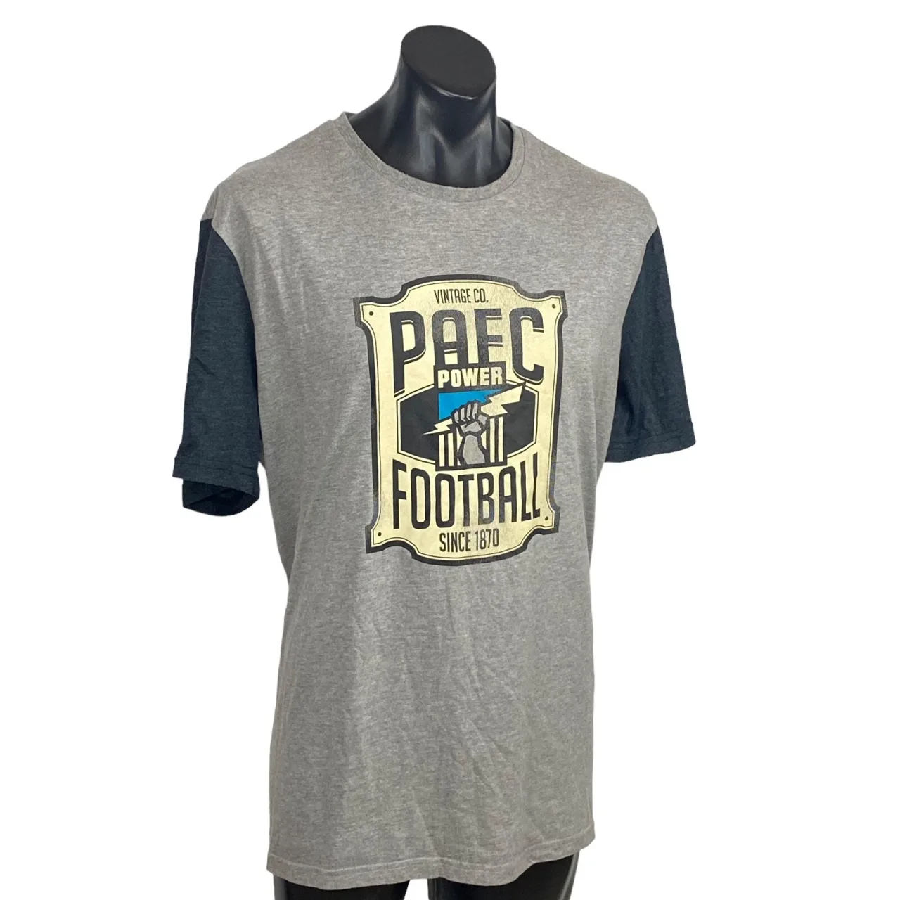 Port Adelaide Power PAFC AFL T Shirt Mens 2XL Grey Navy First 18 Retro Footy — photo 5