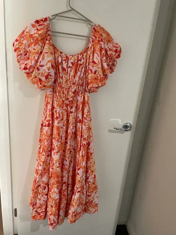 Pink Diamond Boutique Orange Flower Maxi Dress Puff Sleeve
