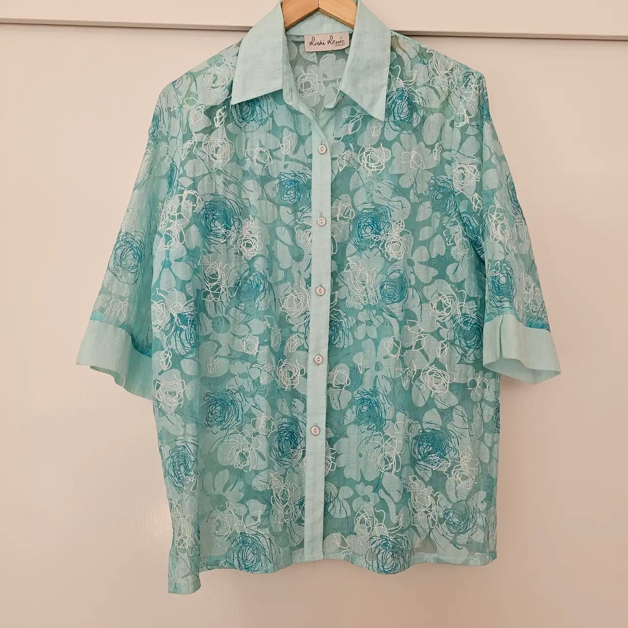 Vintage Ricki Renee Sydney Aqua Mesh Floral Embroidered Blouse. 14 – photo 2