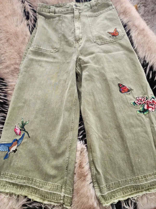 Free people size 30 green demin wide leg pant
