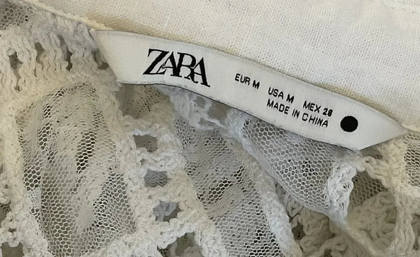 Zara White Linen Cotton Blend Crochet Lace Button Down Blouse Shirt Sleeve Sheer — photo 7