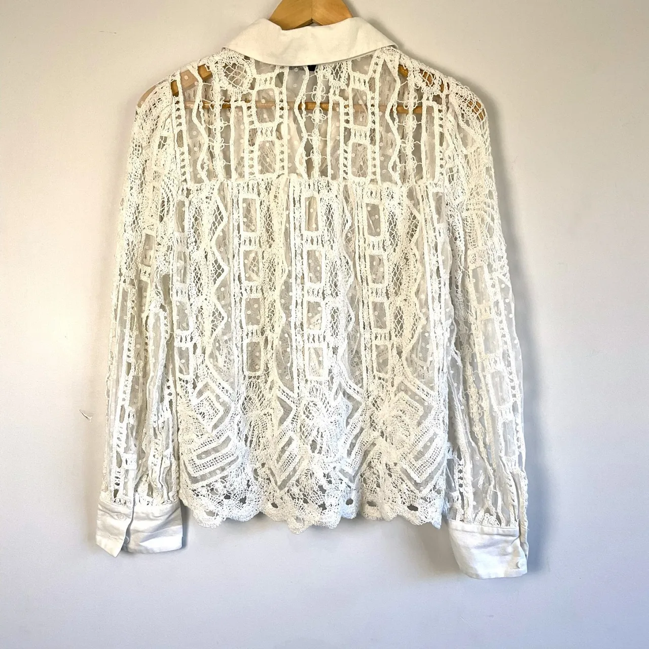 Zara White Linen Cotton Blend Crochet Lace Button Down Blouse Shirt Sleeve Sheer — photo 5