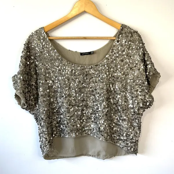 Portmans Size 10 Silver Grey Sparkly Sequin Short Sleeve Lined BohoLuxe Crop Top