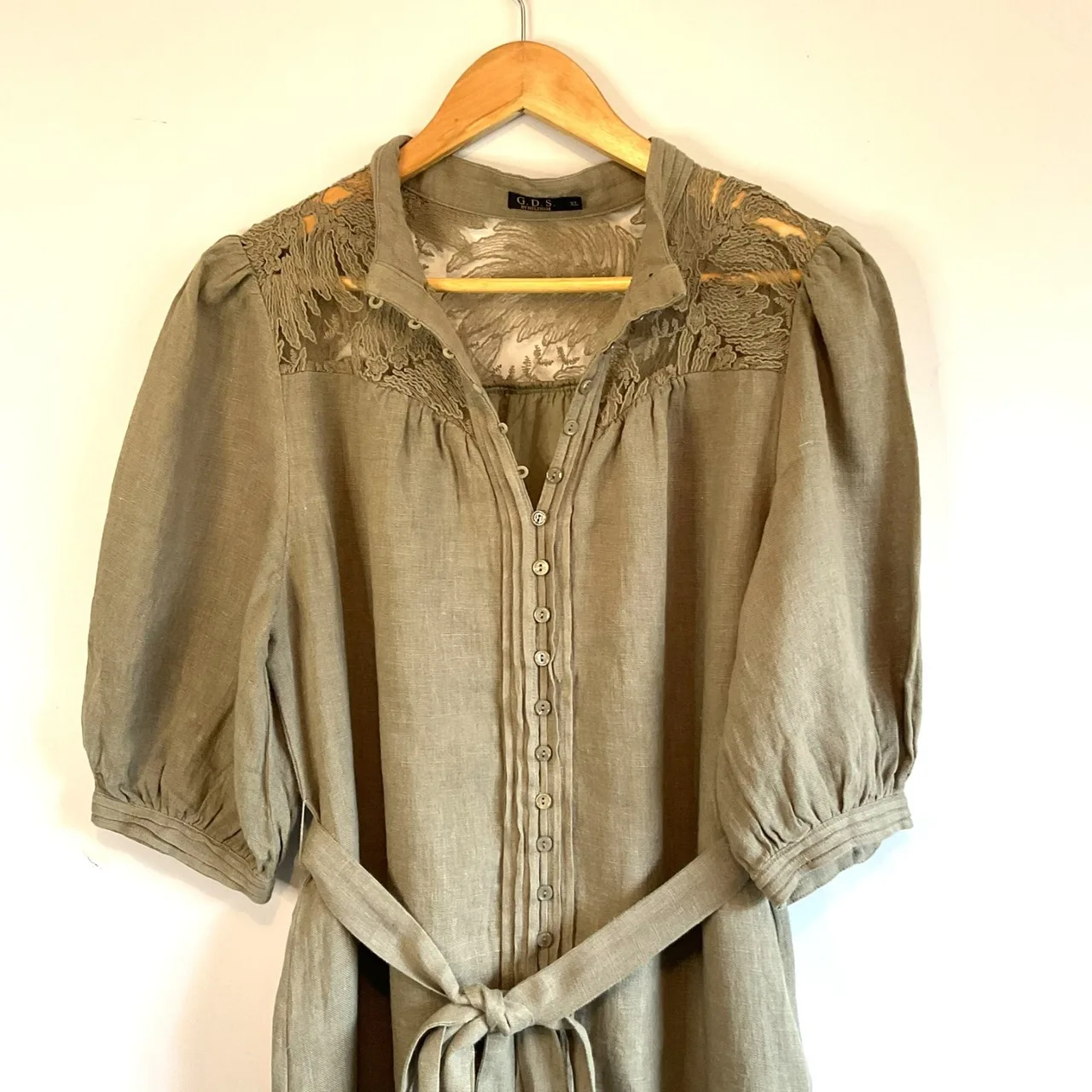 GDS The Label Ila Belted Lace Linen Midi Shirt Dress Khaki Green Size XL — photo 2