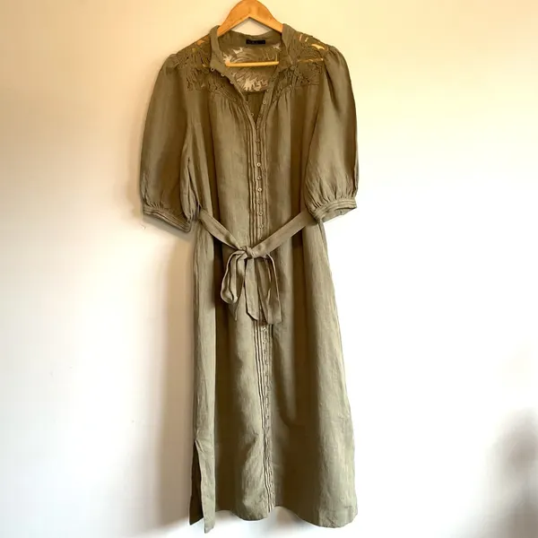 GDS The Label Ila Belted Lace Linen Midi Shirt Dress Khaki Green Size XL