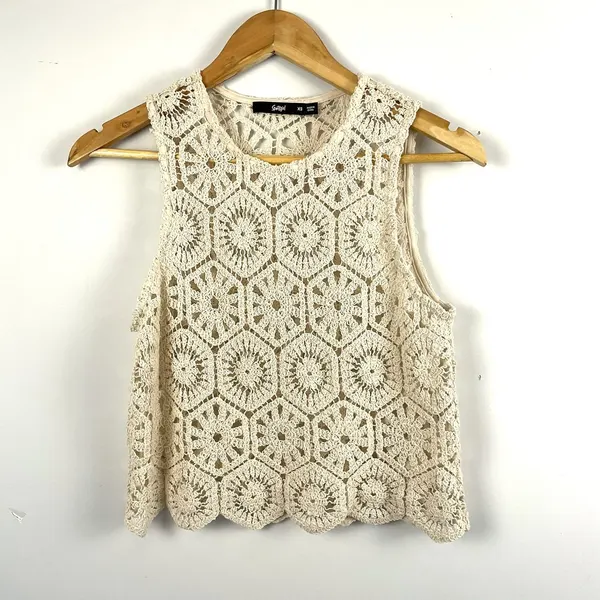 Sportsgirl 100% Cotton Crochet Lace Sheer Tank Crop Top Boho Cream XS