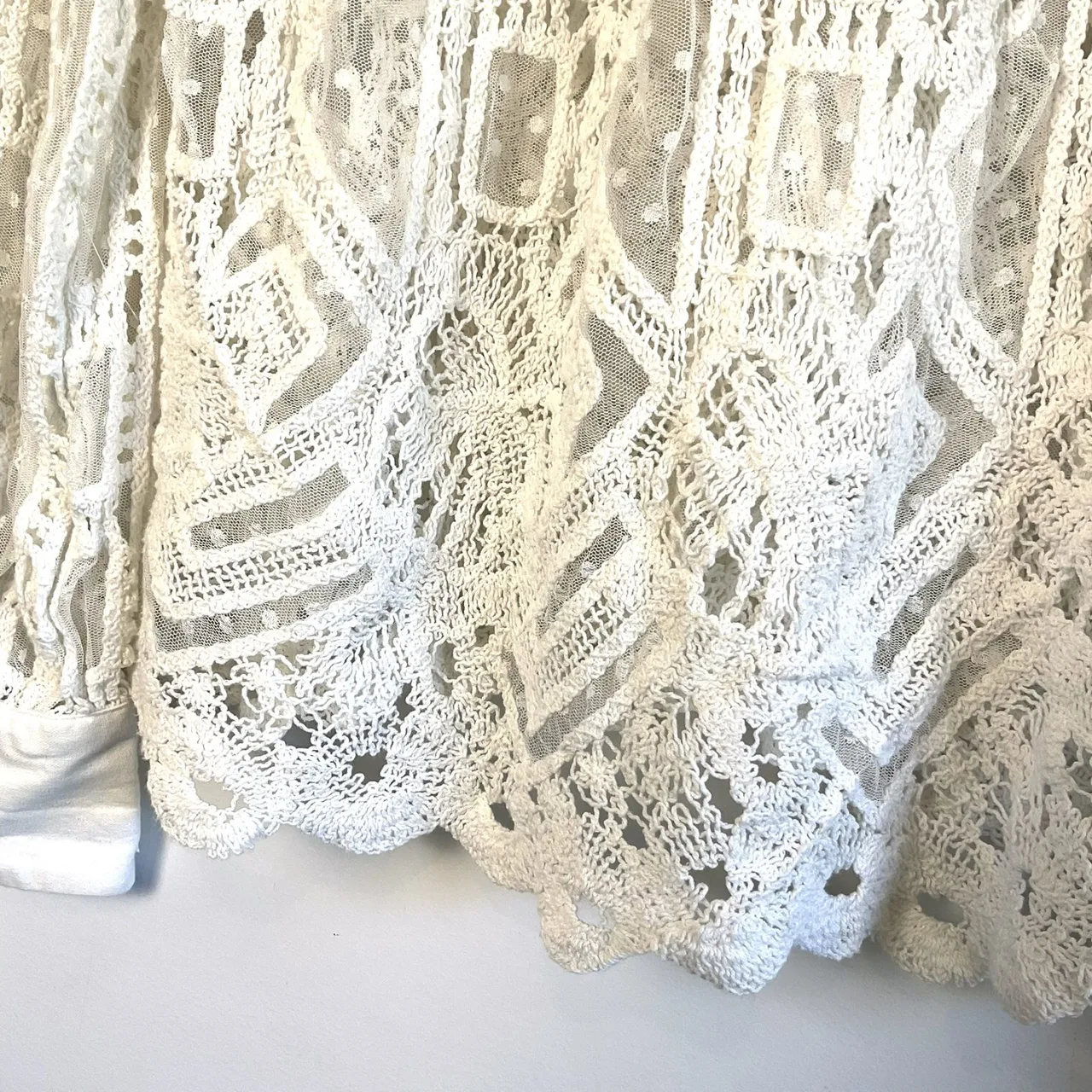 Zara White Linen Cotton Blend Crochet Lace Button Down Blouse Shirt Sleeve Sheer — photo 6