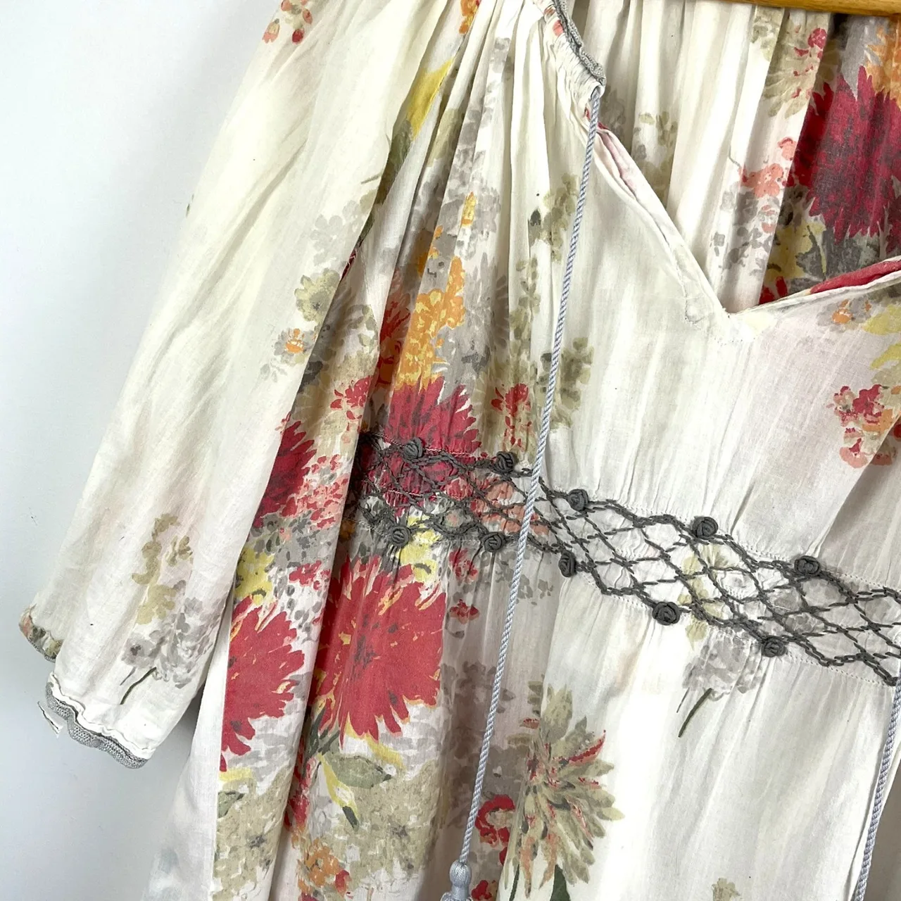 Oneseason Vintage Floral Boho Peasant Cottage Dress Cream 100% Cotton L — photo 3