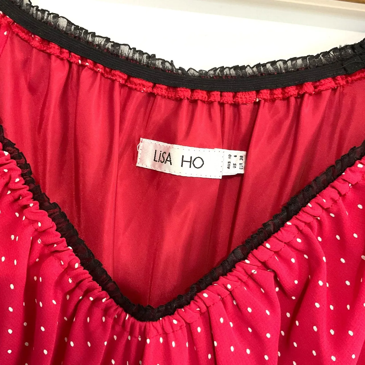 Vintage LISA HO Red Polka Dot Maxi Dress Black Lace Trim Whimsigoth Coquette Gru — photo 4