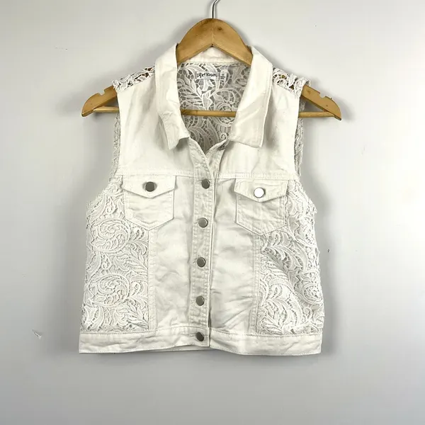Paper Sisters Size 12 White Cotton Denim Crochet Lace Crop Boho indie Vest