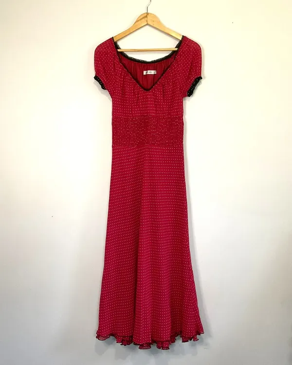 Vintage LISA HO Red Polka Dot Maxi Dress Black Lace Trim Whimsigoth Coquette Gru