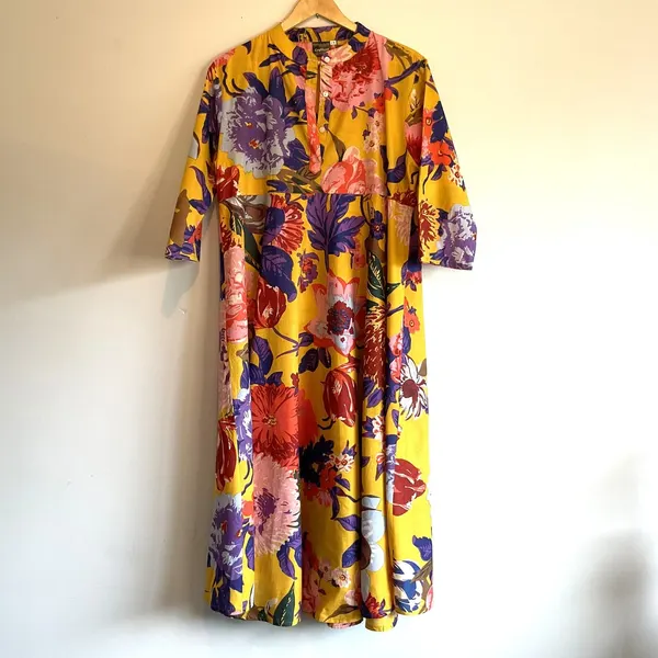 Linen Connections Craftluxe Sunset Floral Cotton Maxi Dress Yellow Boho Sz L/XL