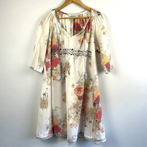 Oneseason Vintage Floral Boho Peasant Cottage Dress Cream 100% Cotton L