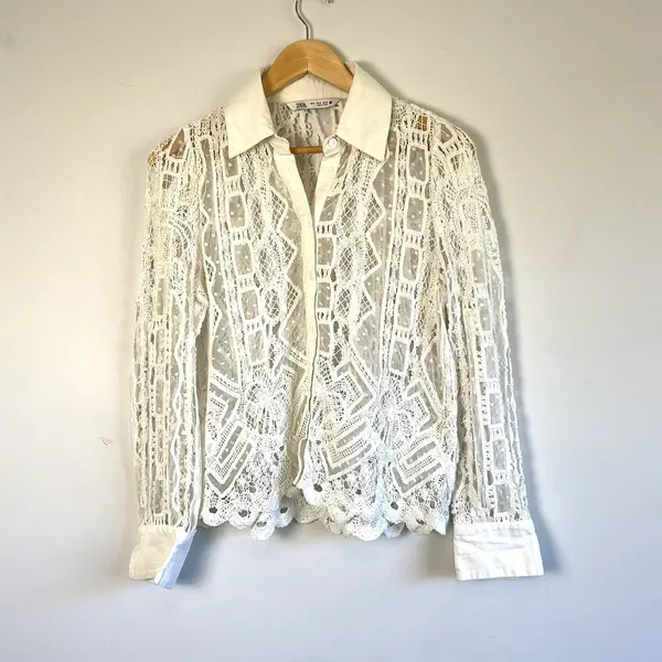 Zara White Linen Cotton Blend Crochet Lace Button Down Blouse Shirt Sleeve Sheer