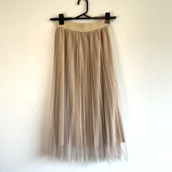 Ashy Snow Pleated Tulle Midi Skirt Sz 6 Beige Gold Shimmer Overlay Fairycore