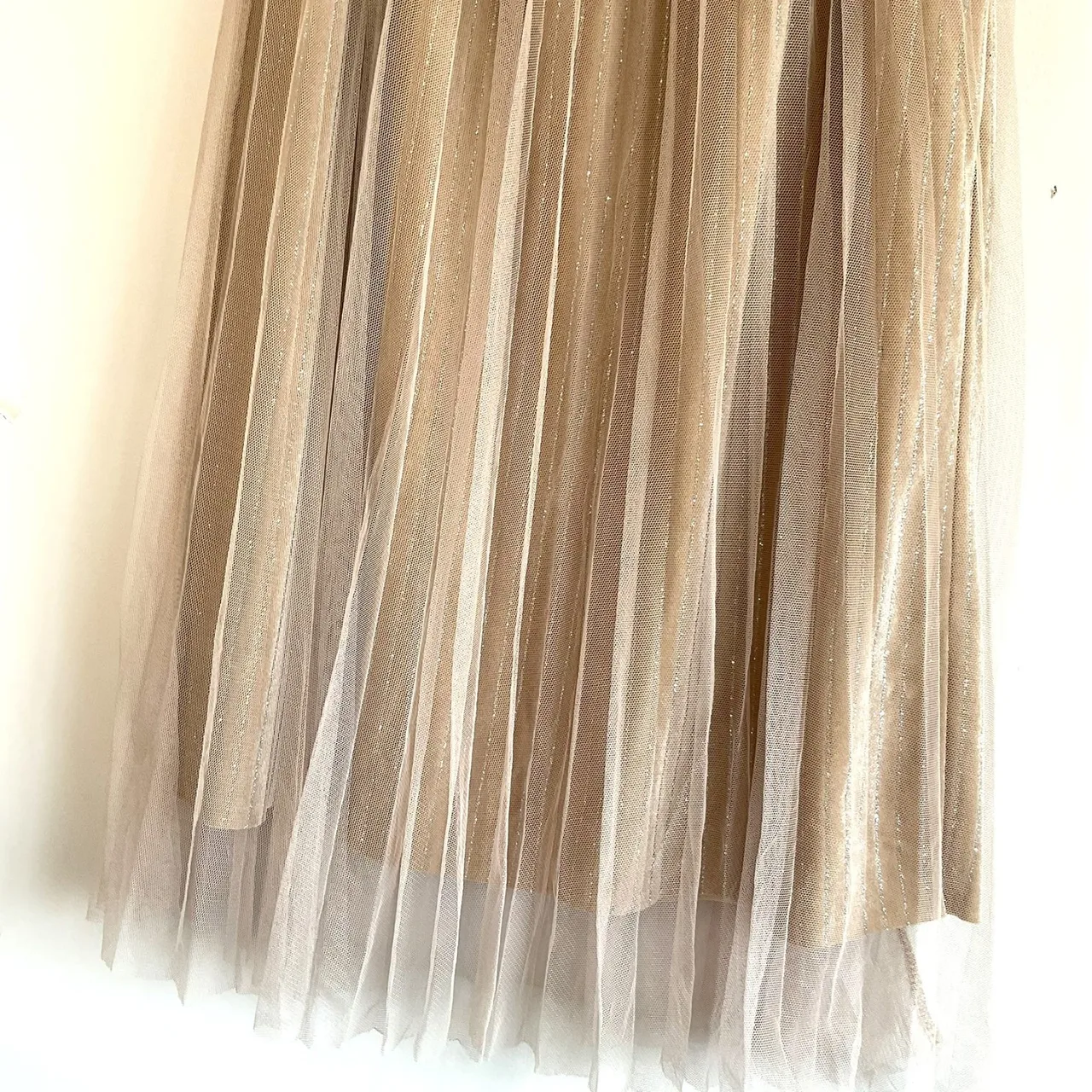 Ashy Snow Pleated Tulle Midi Skirt Sz 6 Beige Gold Shimmer Overlay Fairycore — photo 2