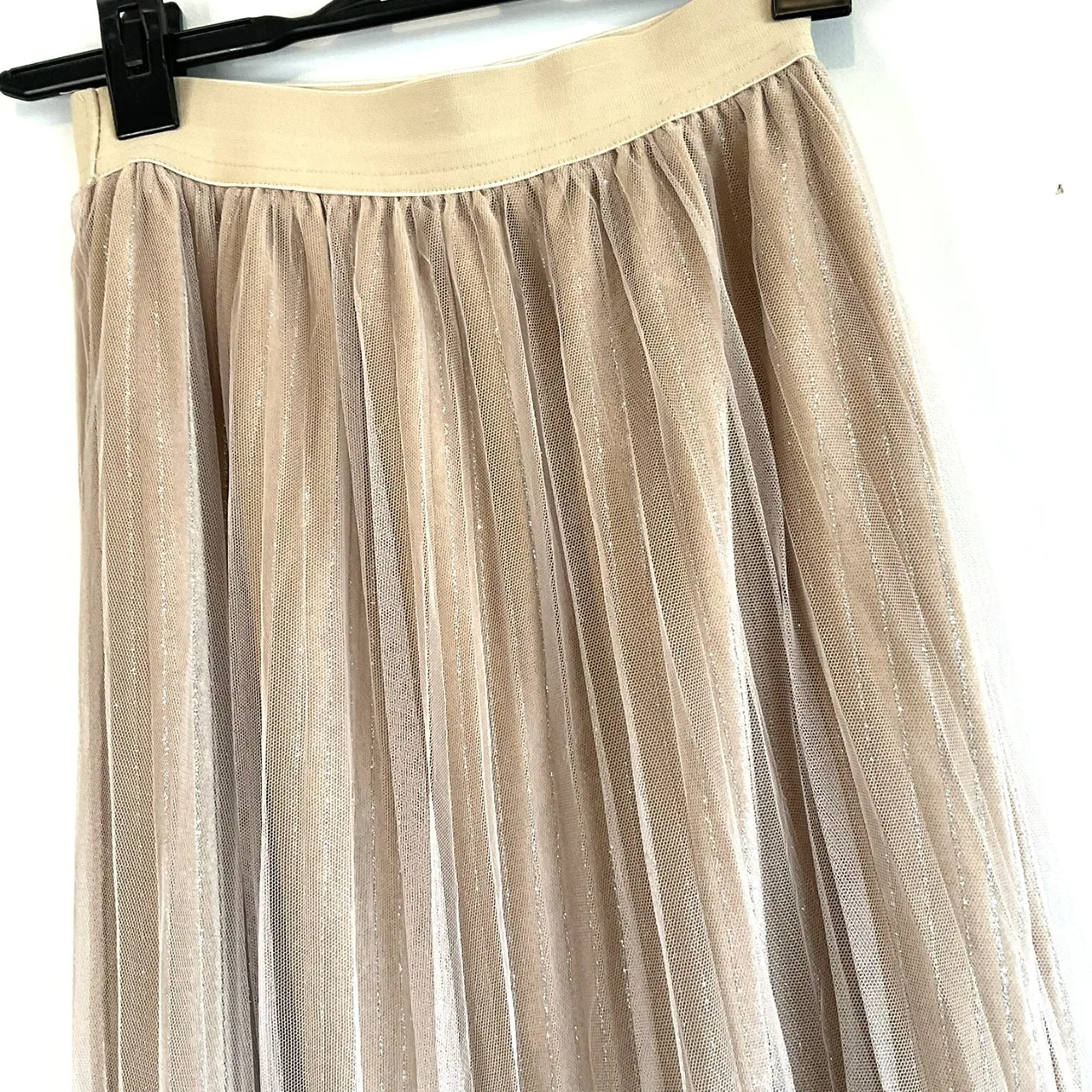 Ashy Snow Pleated Tulle Midi Skirt Sz 6 Beige Gold Shimmer Overlay Fairycore — photo 3