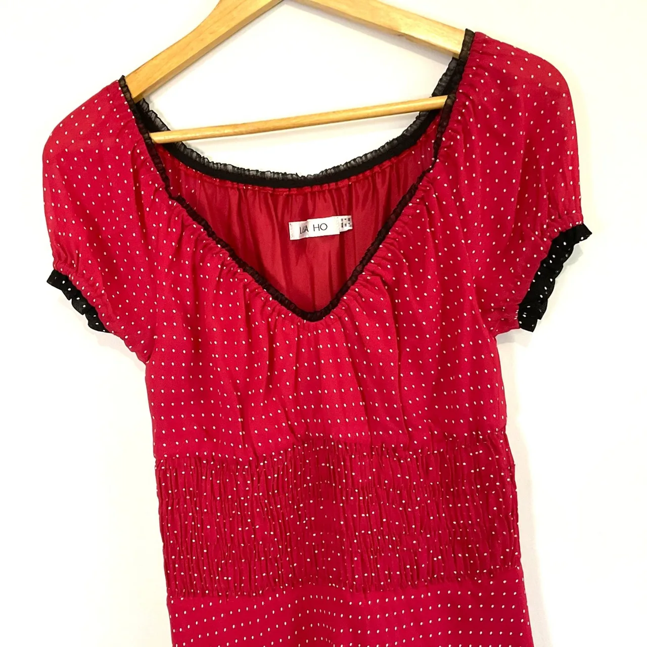 Vintage LISA HO Red Polka Dot Maxi Dress Black Lace Trim Whimsigoth Coquette Gru — photo 3