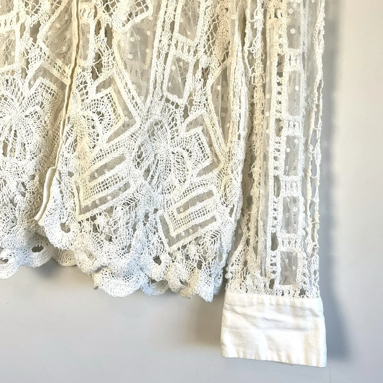 Zara White Linen Cotton Blend Crochet Lace Button Down Blouse Shirt Sleeve Sheer — photo 2