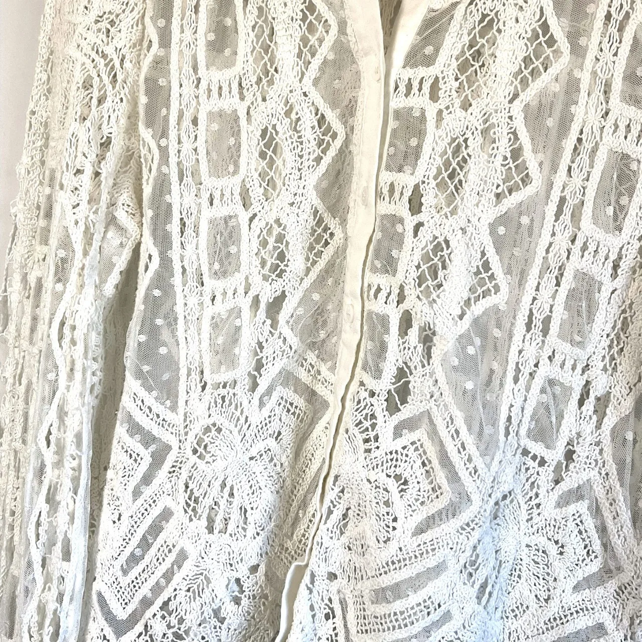 Zara White Linen Cotton Blend Crochet Lace Button Down Blouse Shirt Sleeve Sheer — photo 4
