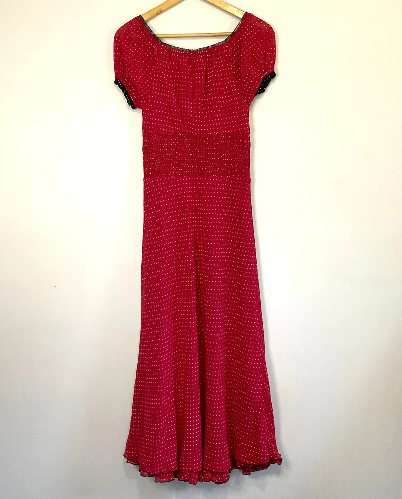 Vintage LISA HO Red Polka Dot Maxi Dress Black Lace Trim Whimsigoth Coquette Gru — photo 5
