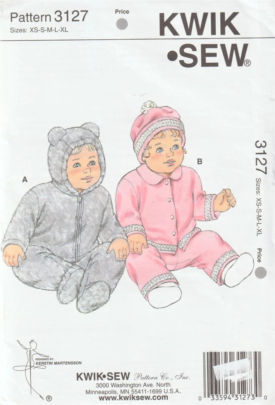 Kwik Sew 3127 Baby Bunting Bag Jumpsuit Hat Sewing Pattern Size XS-XL Uncut — photo 2