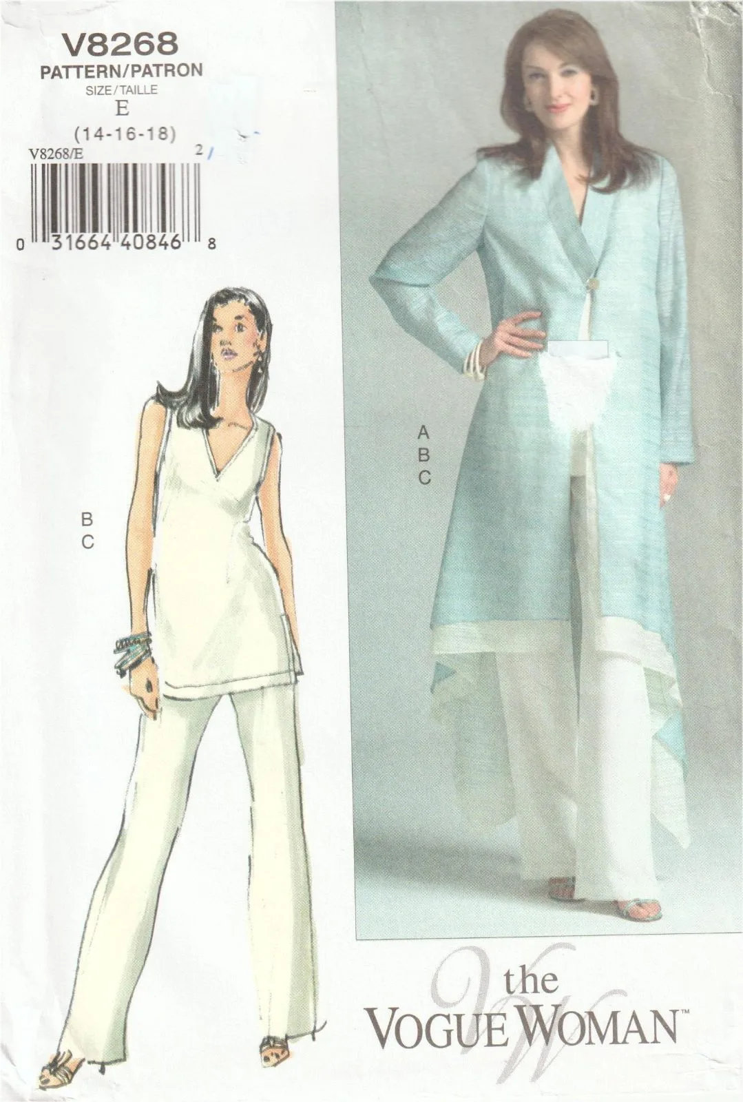 Vogue V8268 Duster Coat Tunic Top Wide Leg Pants Sewing Pattern Size 14-18 Uncut — photo 2