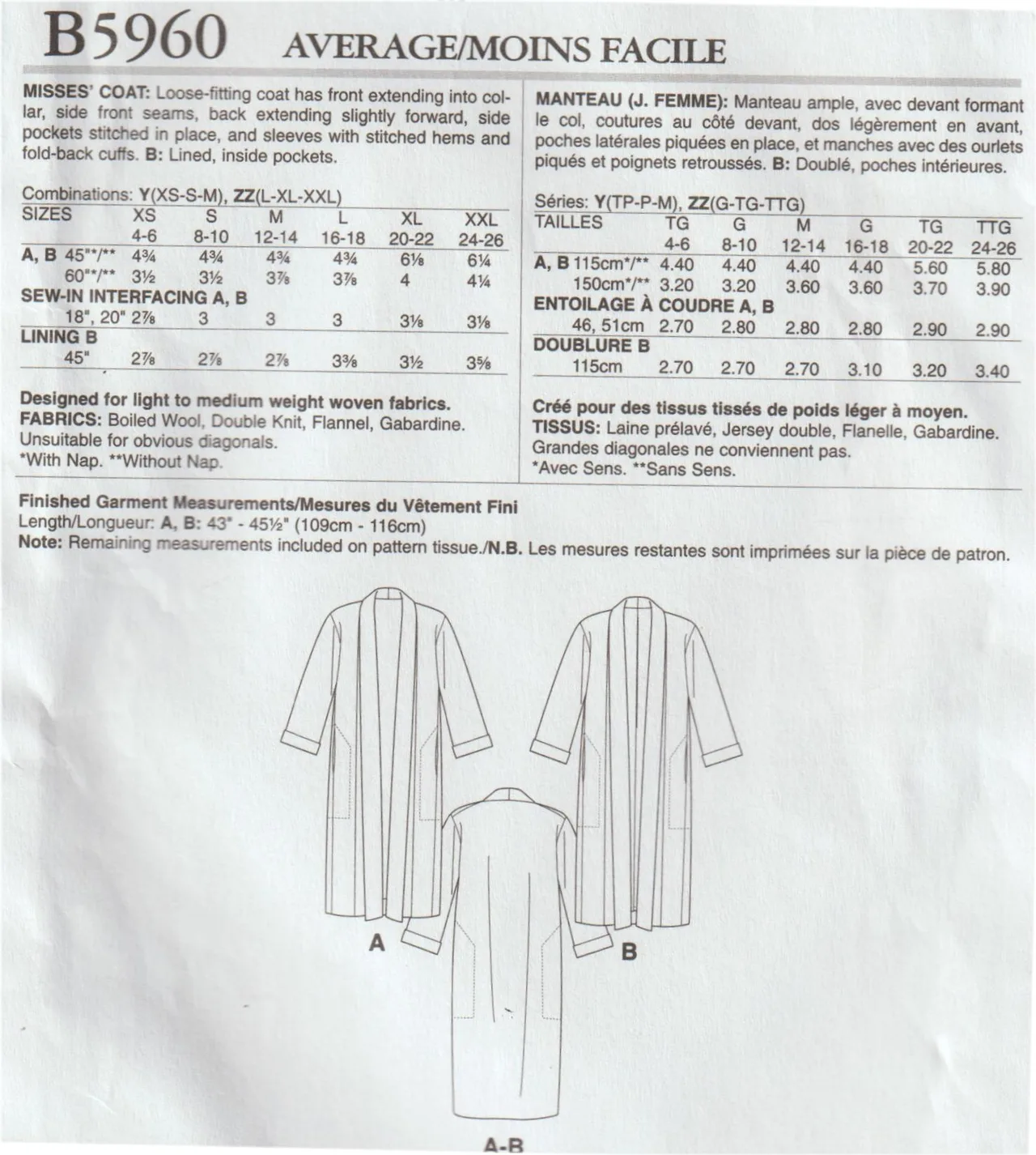 Butterick B5960 Katherine Tilton Loose Fitting Coat Pattern Size XS-M Uncut OOP — photo 3