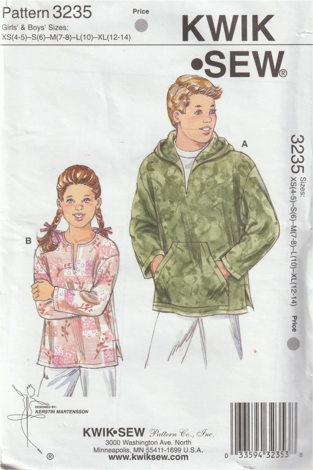 Kwik Sew 3235 Kids Hoodie Pullover Top Sewing Pattern Size XS-XL Uncut — photo 2