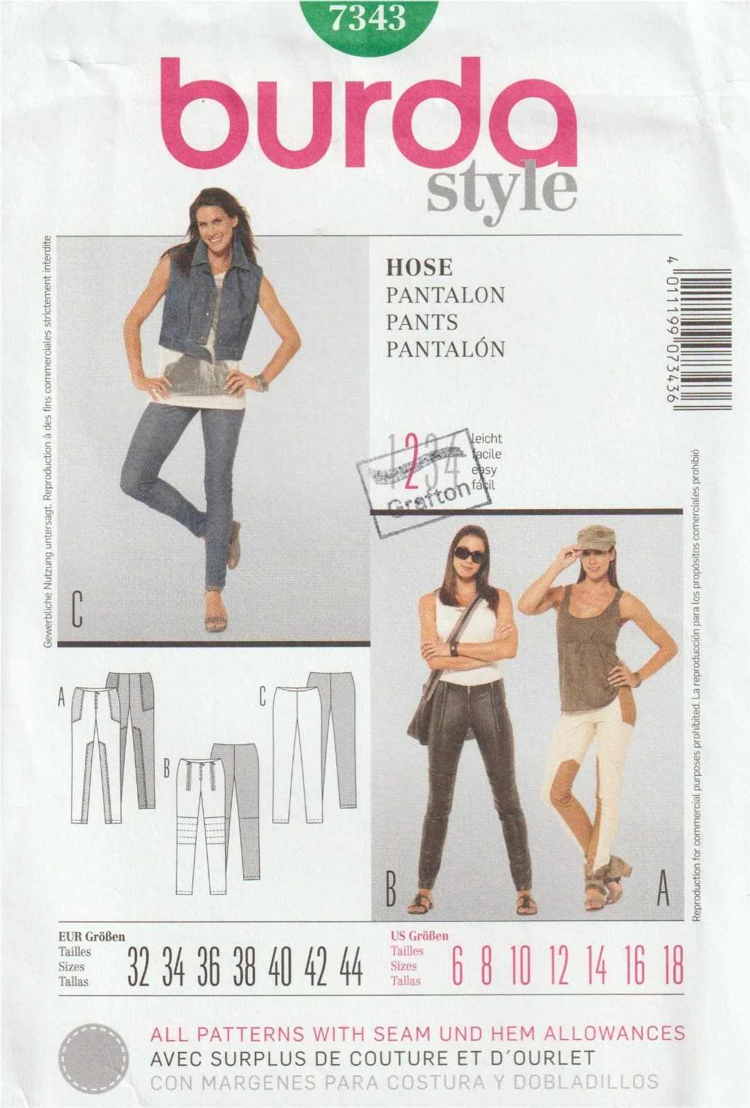 Burda Style 7343 Slim Fit Pants Jeans Moto Trousers Pattern Size 6-18 Uncut — photo 2