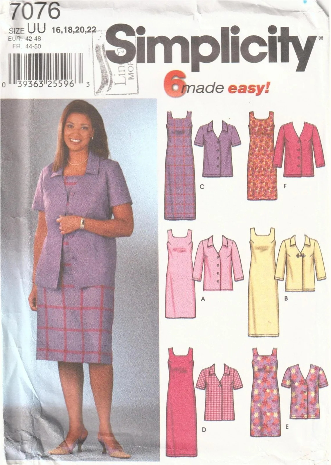 Simplicity 7076 Dress & Jacket Sewing Pattern — Size UU (16-18-20-22) Uncut — photo 2