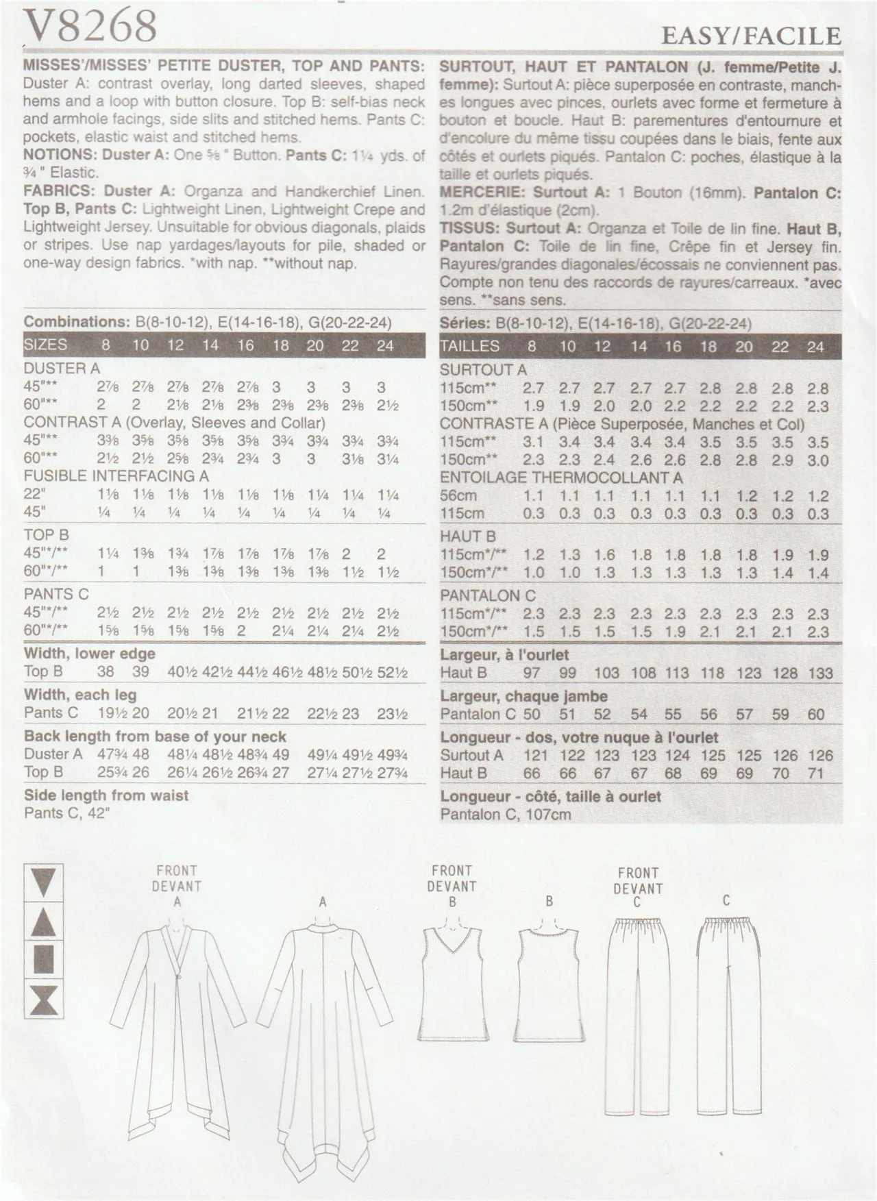 Vogue V8268 Duster Coat Tunic Top Wide Leg Pants Sewing Pattern Size 14-18 Uncut — photo 3