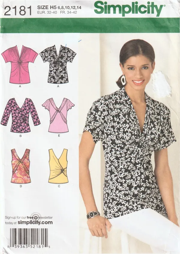 Simplicity 2181 Twist Front Knit Top V Neck Blouse Pattern Size 6-14 Uncut