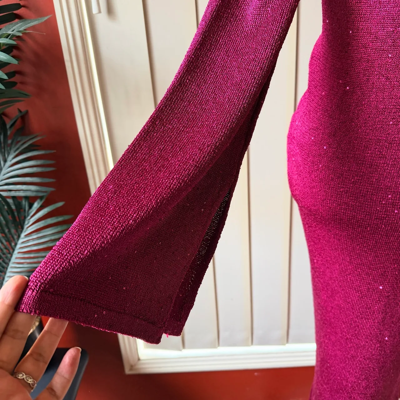 Burgundy sparkly maxi dress with bell sleeves — photo 3