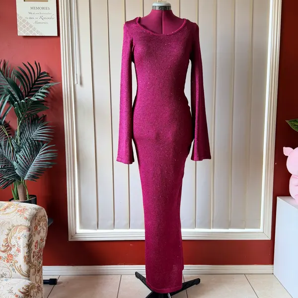 Burgundy sparkly maxi dress with bell sleeves