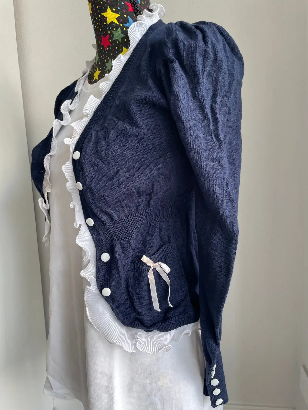 Navy Blue Cardigan Ruffle Trim & Bow Detail Size XL – photo 2