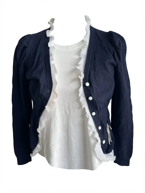 Navy Blue Cardigan Ruffle Trim & Bow Detail Size XL