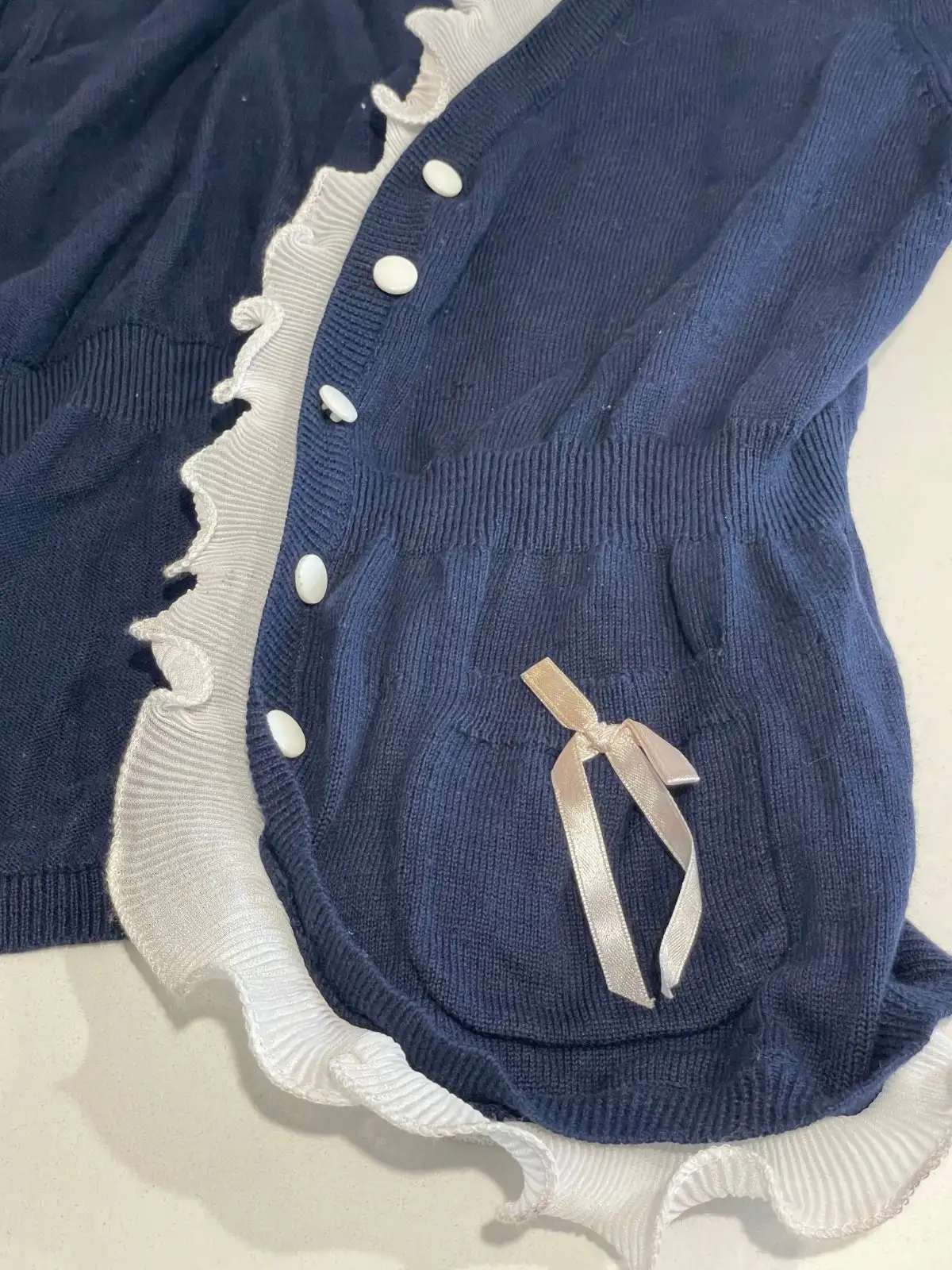 Navy Blue Cardigan Ruffle Trim & Bow Detail Size XL – photo 6