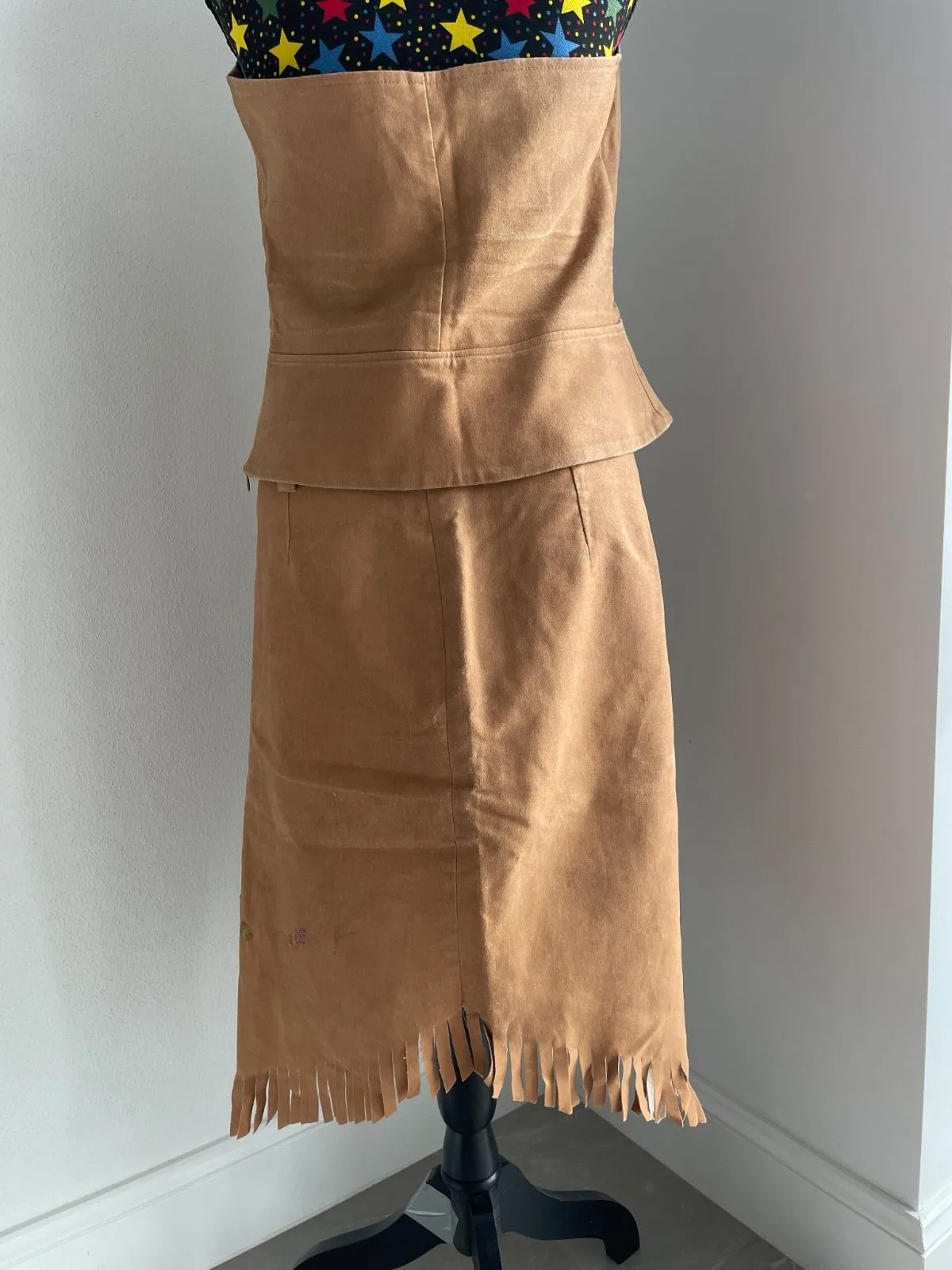 Seduce Faux Suede Fringe Two-Piece Set Tan Size 12 – photo 2
